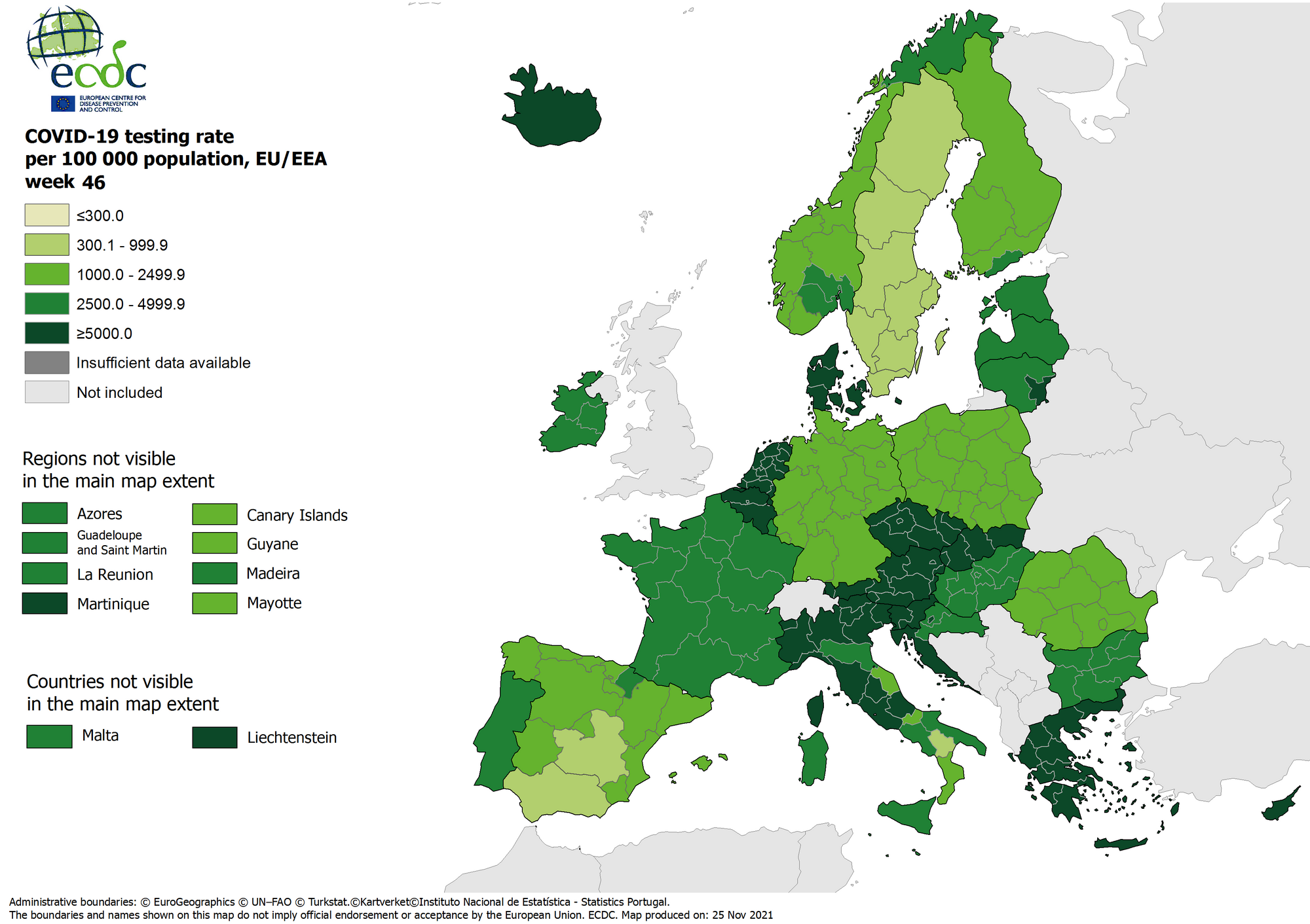 Testing rates per 100 000 inhabitants, updated 25 November 2021