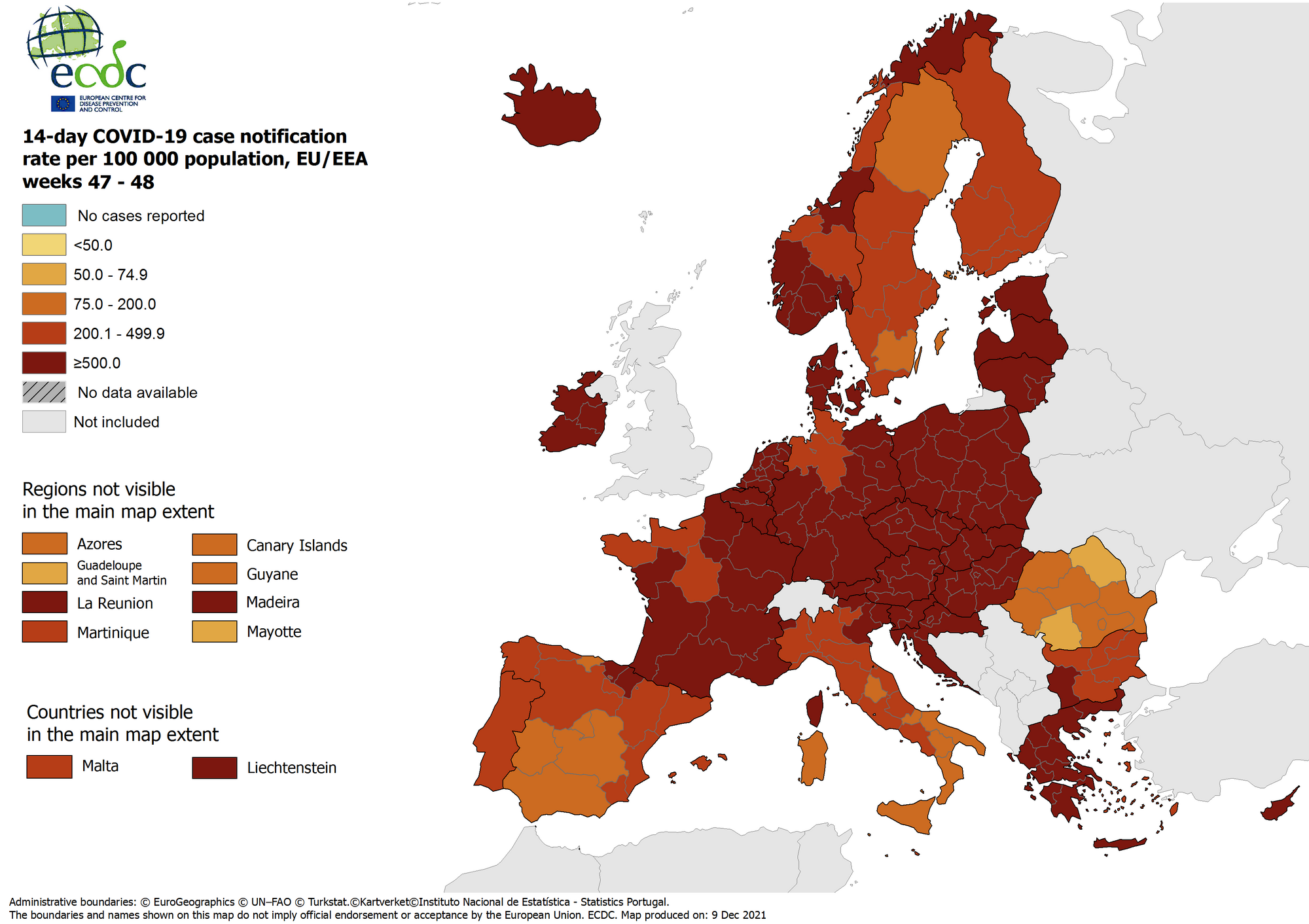 ECDC-Europakarte Regionen: COVID-19 14-Tage-Inzidenz