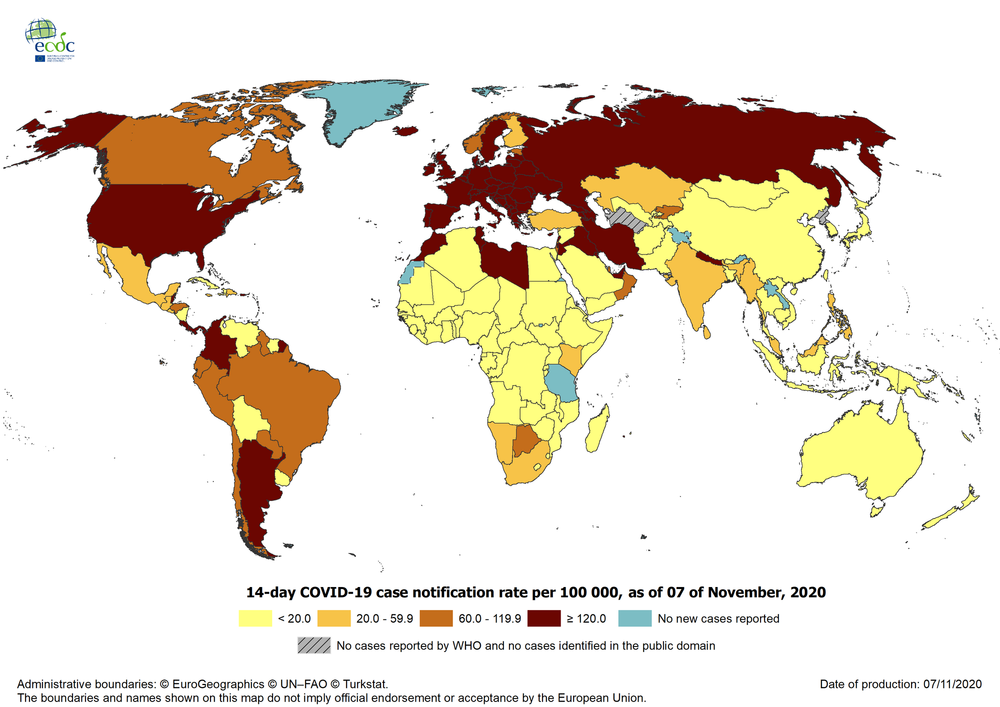 Geographic distribution of 14-day cumulative number of reported COVID-19 cases per 100 000 population, worldwide, as of 7 Nov