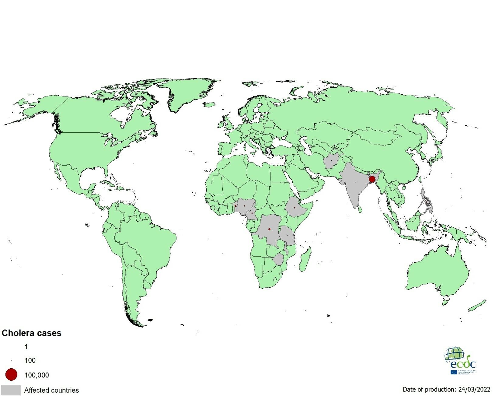 Geographical distribution of new cholera cases reported worldwide, January - March 2022