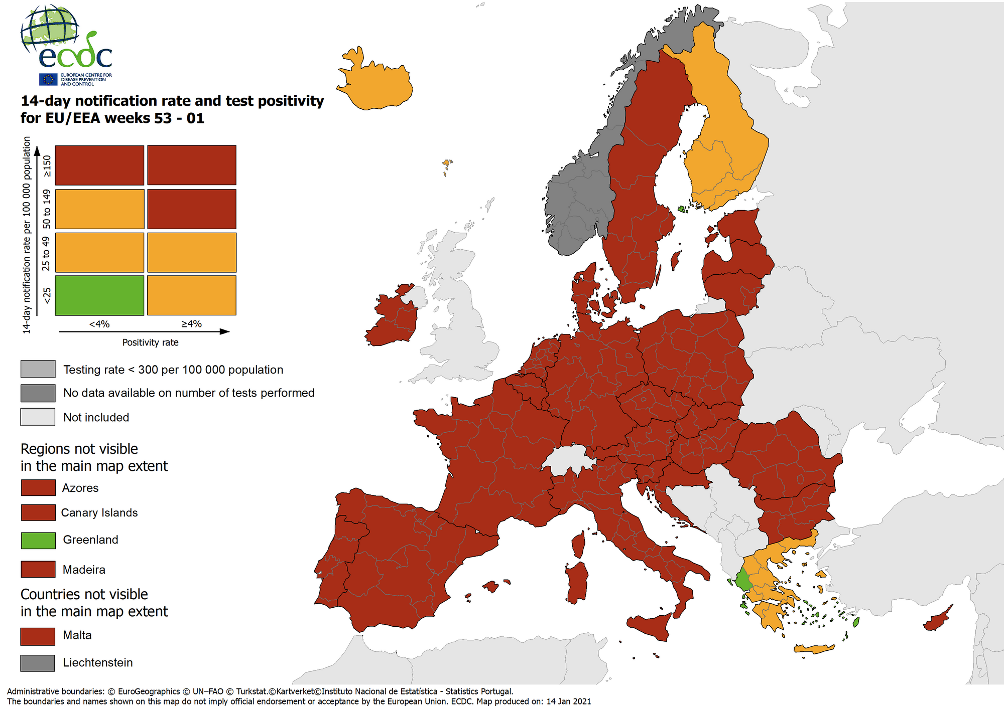 Combined indicator: 14-day notification rate, testing rate and test positivity, updated 14 January 2021