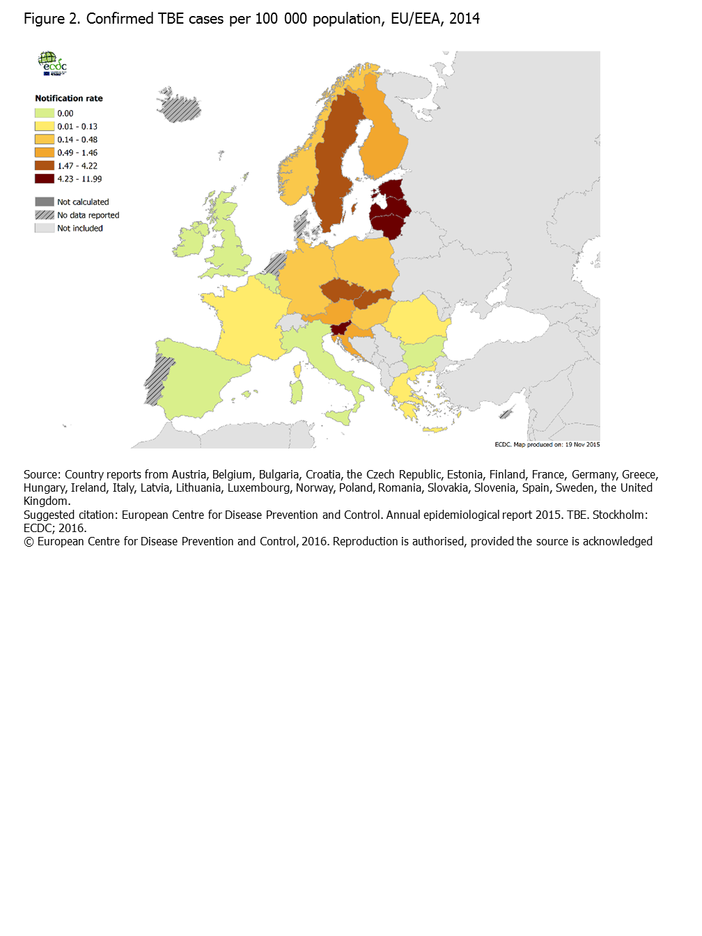 Figure 2. Confirmed TBE cases per 100 000 population, EU/EEA, 2014
