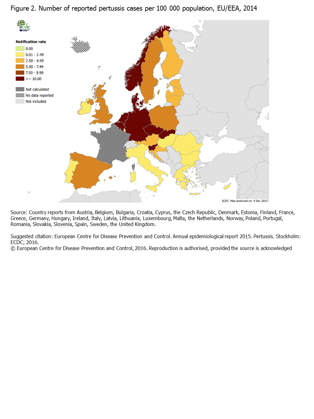 Figure 2. Number of reported pertussis cases per 100 000 population, EU/EEA, 2014