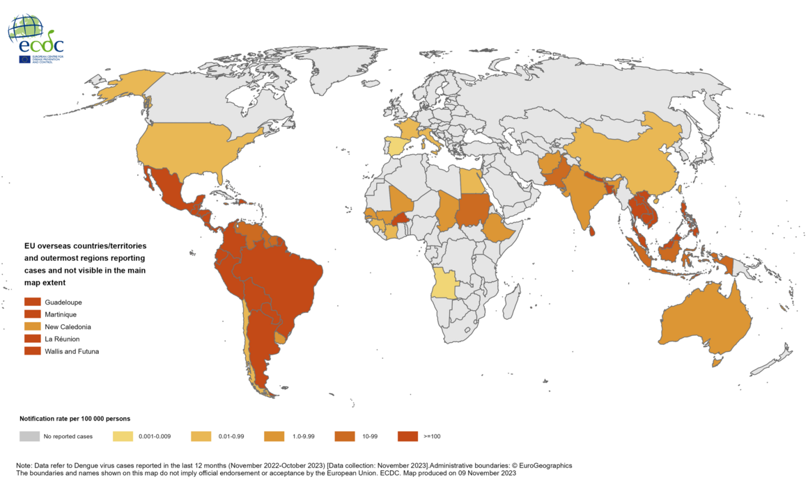 12-month dengue virus disease case notification rate per 100 000 population, November 2022-October 2023