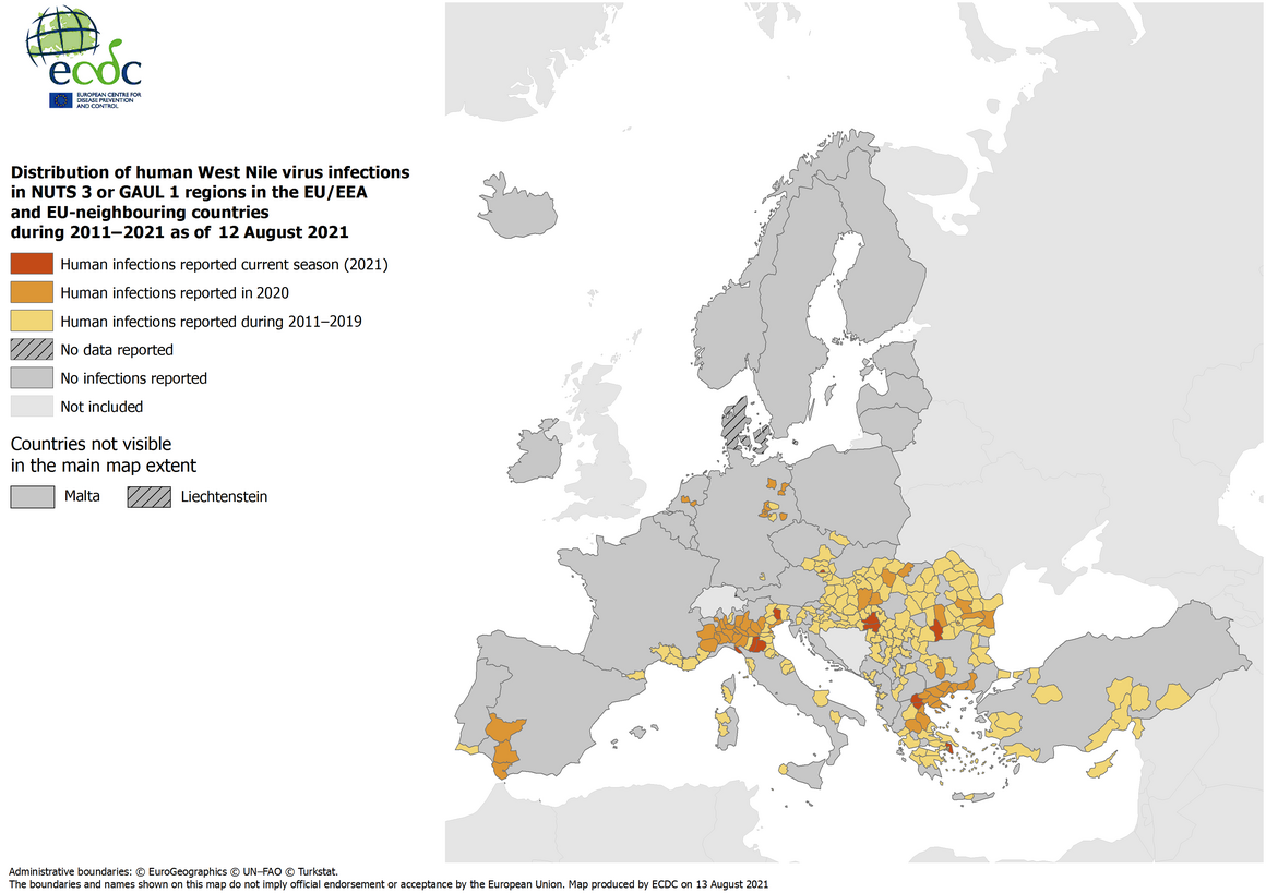 West Nile virus in Europe in 2021 - human cases compared to previous seasons, updated 12 August 2021