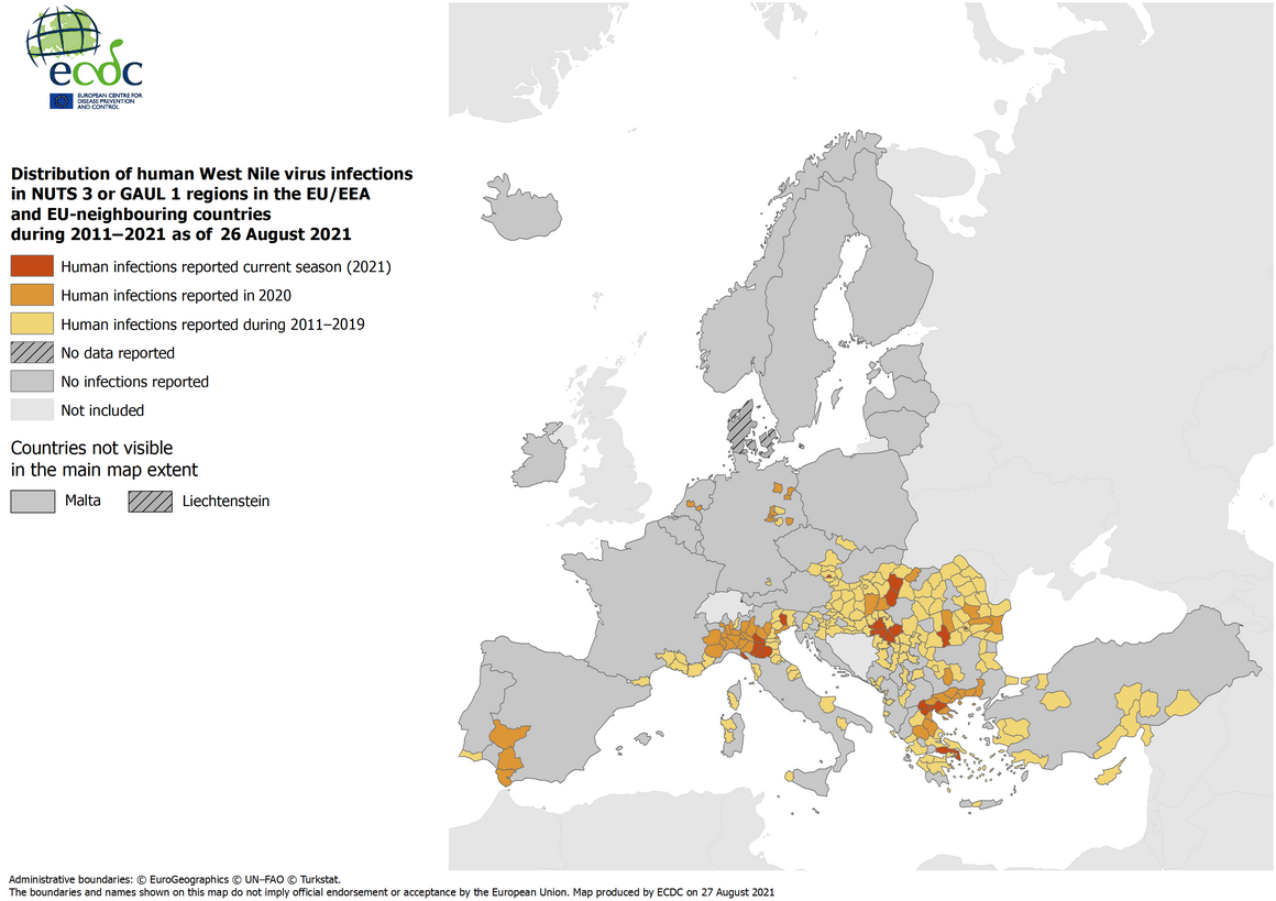 West Nile virus in Europe in 2021 - human cases compared to previous seasons, updated 26 August 2021