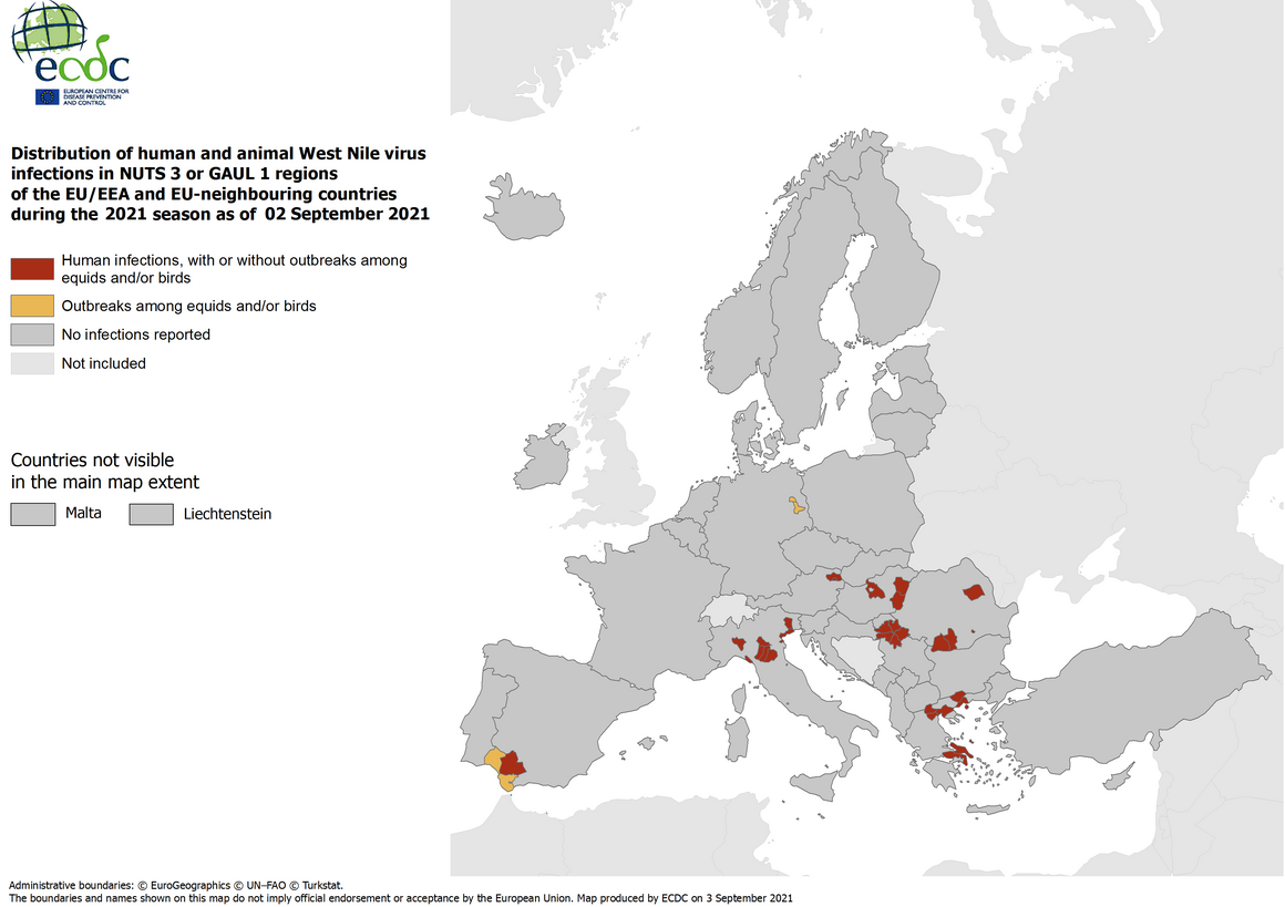 West Nile virus in Europe in 2021 - infections among humans and outbreaks among equids and/or birds, updated 2 September 2021