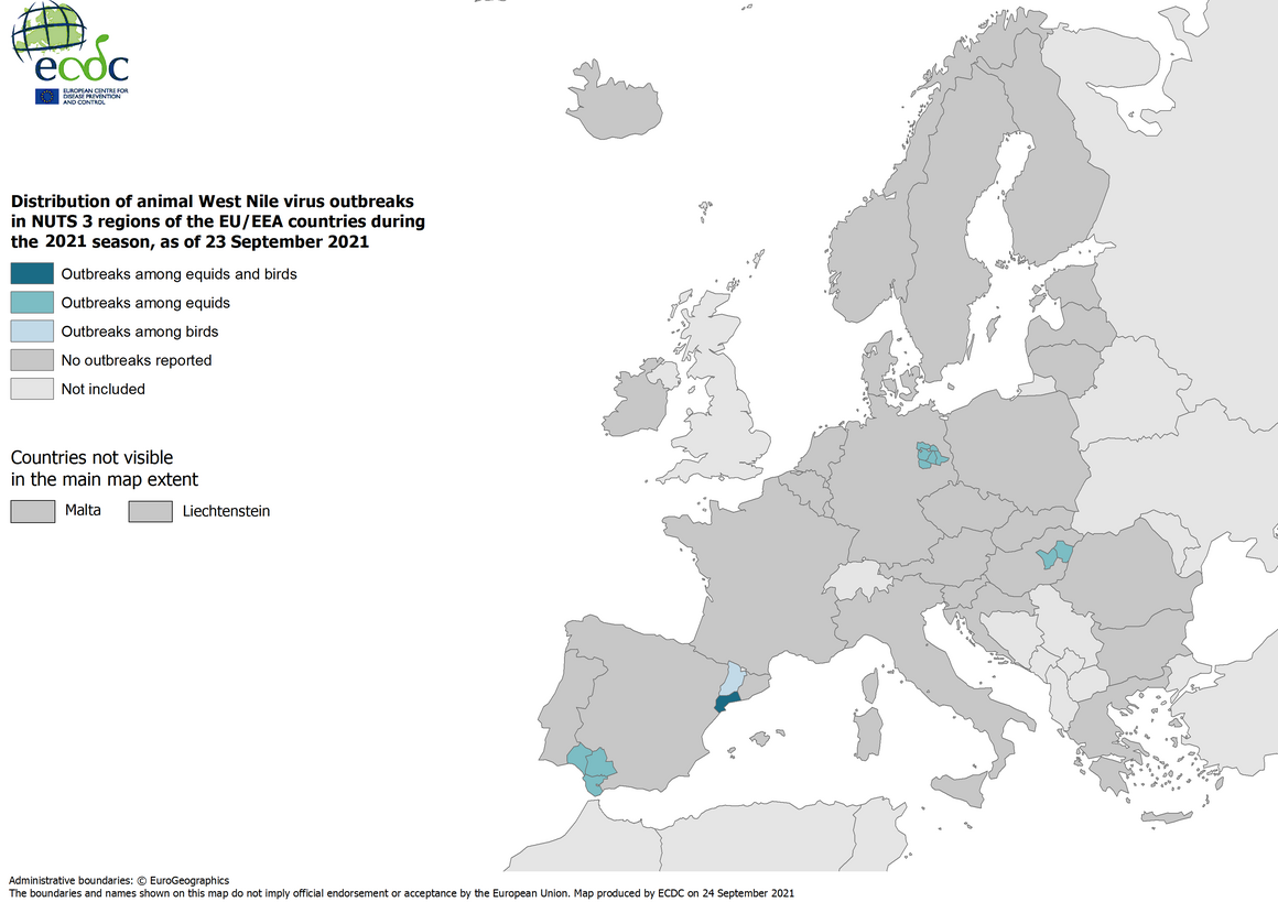 West Nile virus in Europe in 2021 - outbreaks among equids and/or birds, updated 23 September 2021