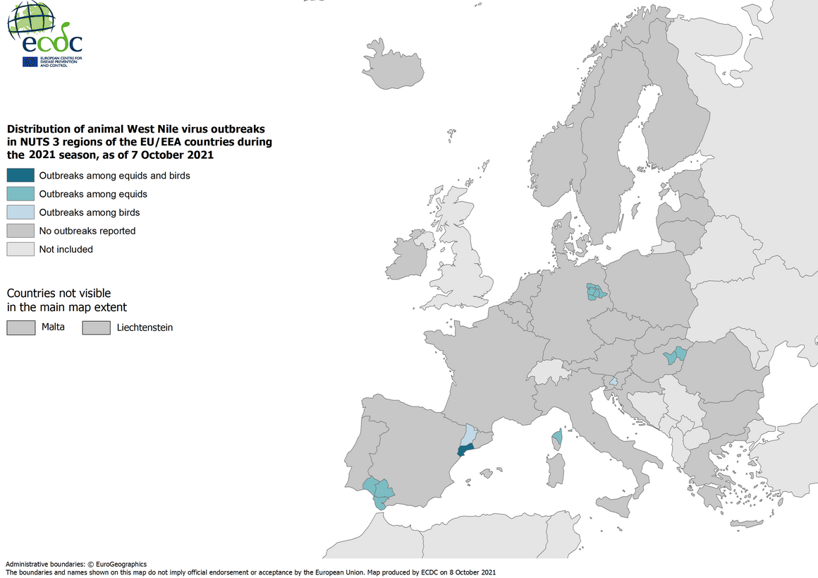 West Nile virus in Europe in 2021 - outbreaks among equids and/or birds, updated 7 October 2021