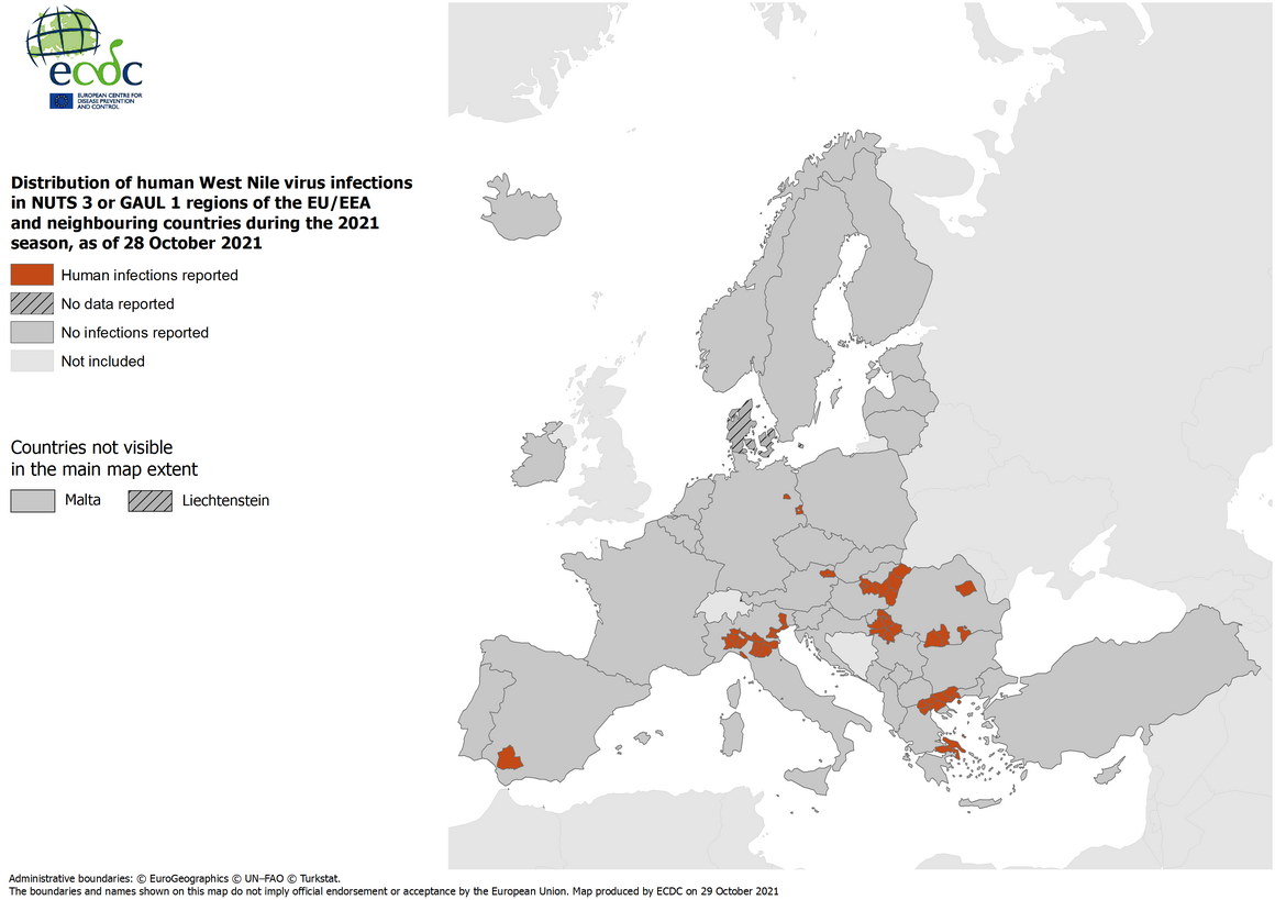 West Nile virus in Europe in 2021 - human cases, updated 28 October 2021