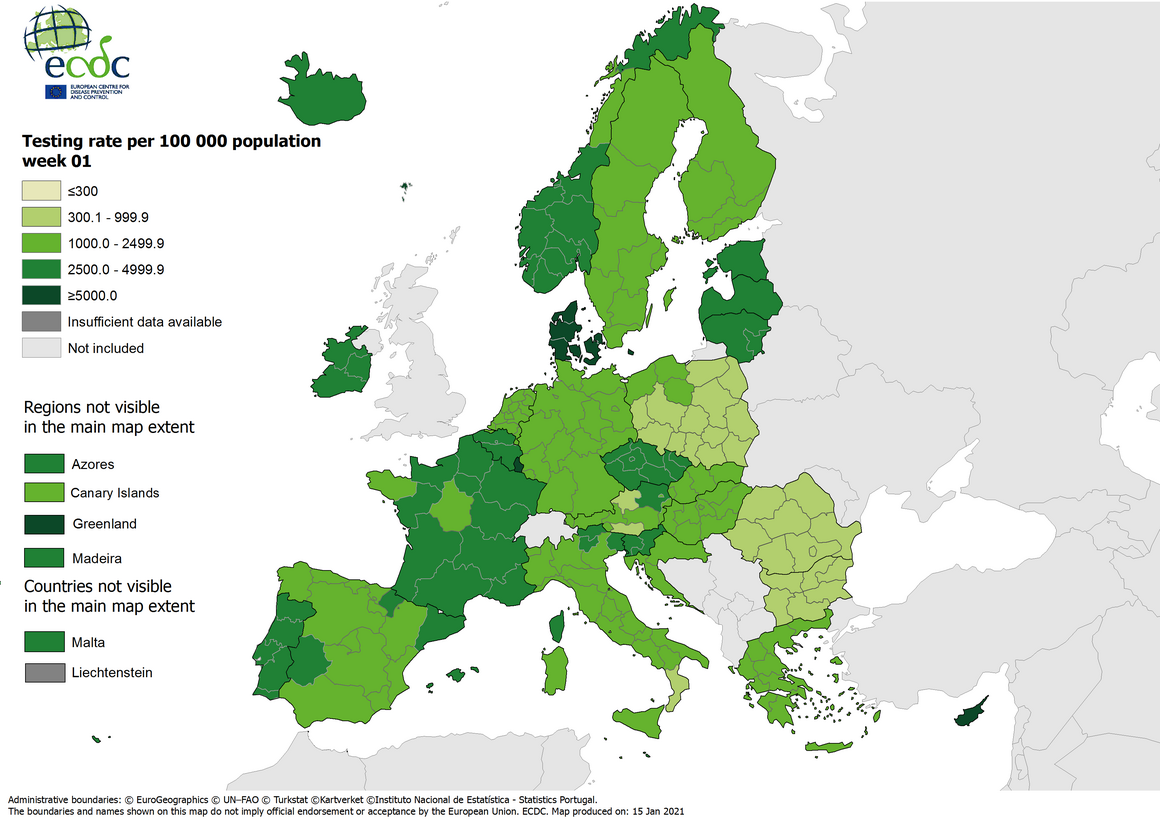 Testing rates per 100 000 inhabitants, updated 14 January 2021