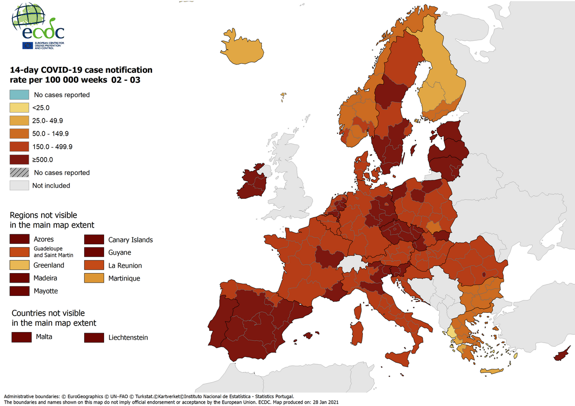 14-day case notification rate per 100 000 inhabitants, updated 21 January 2021