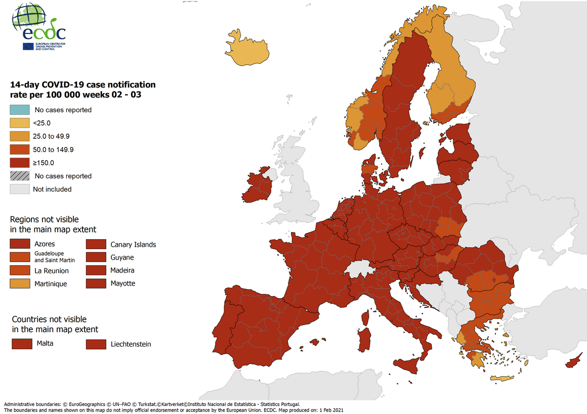 14-day case notification rate per 100 000 inhabitants, updated 28 January 2021