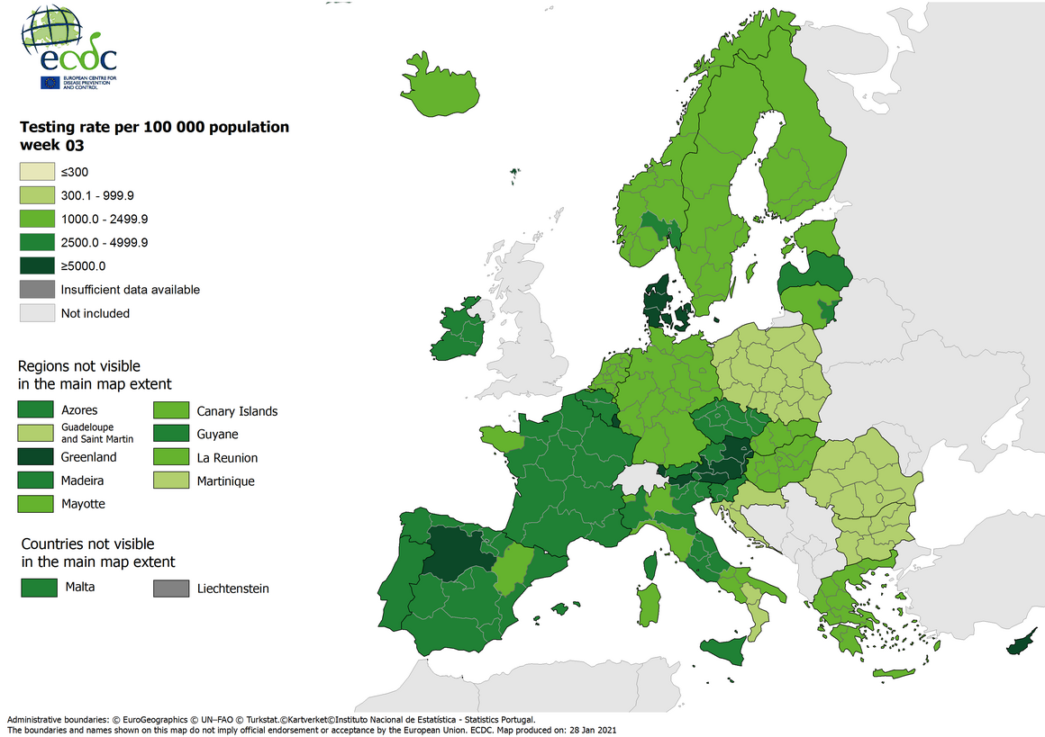 Testing rates per 100 000 inhabitants, updated 28 January 2021