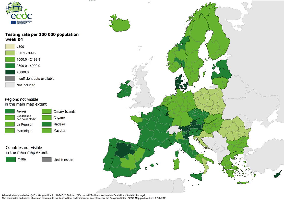 Testing rates per 100 000 inhabitants, updated 4 February 2021