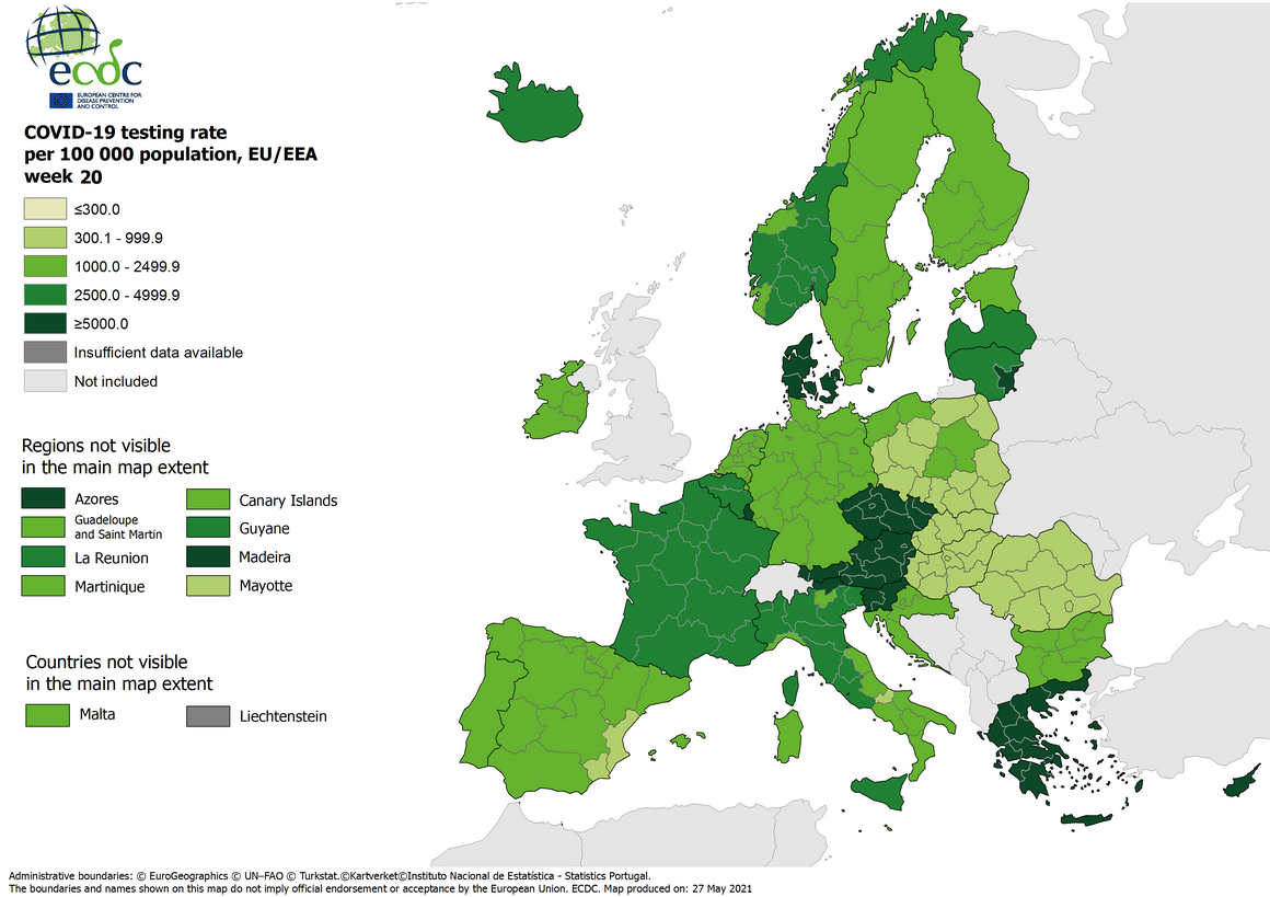Testing rates per 100 000 inhabitants, updated 27 May 2021