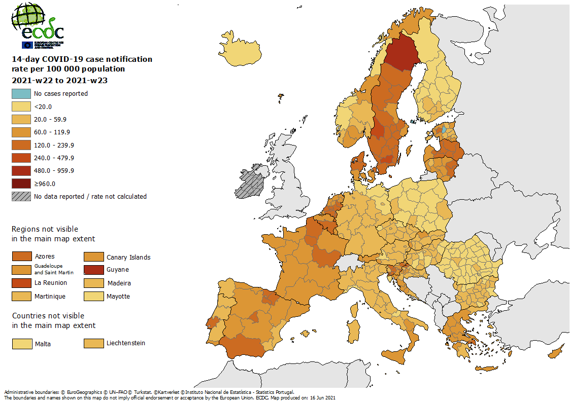 14-day COVID-19 case notification rate per 100 000, weeks 22-23