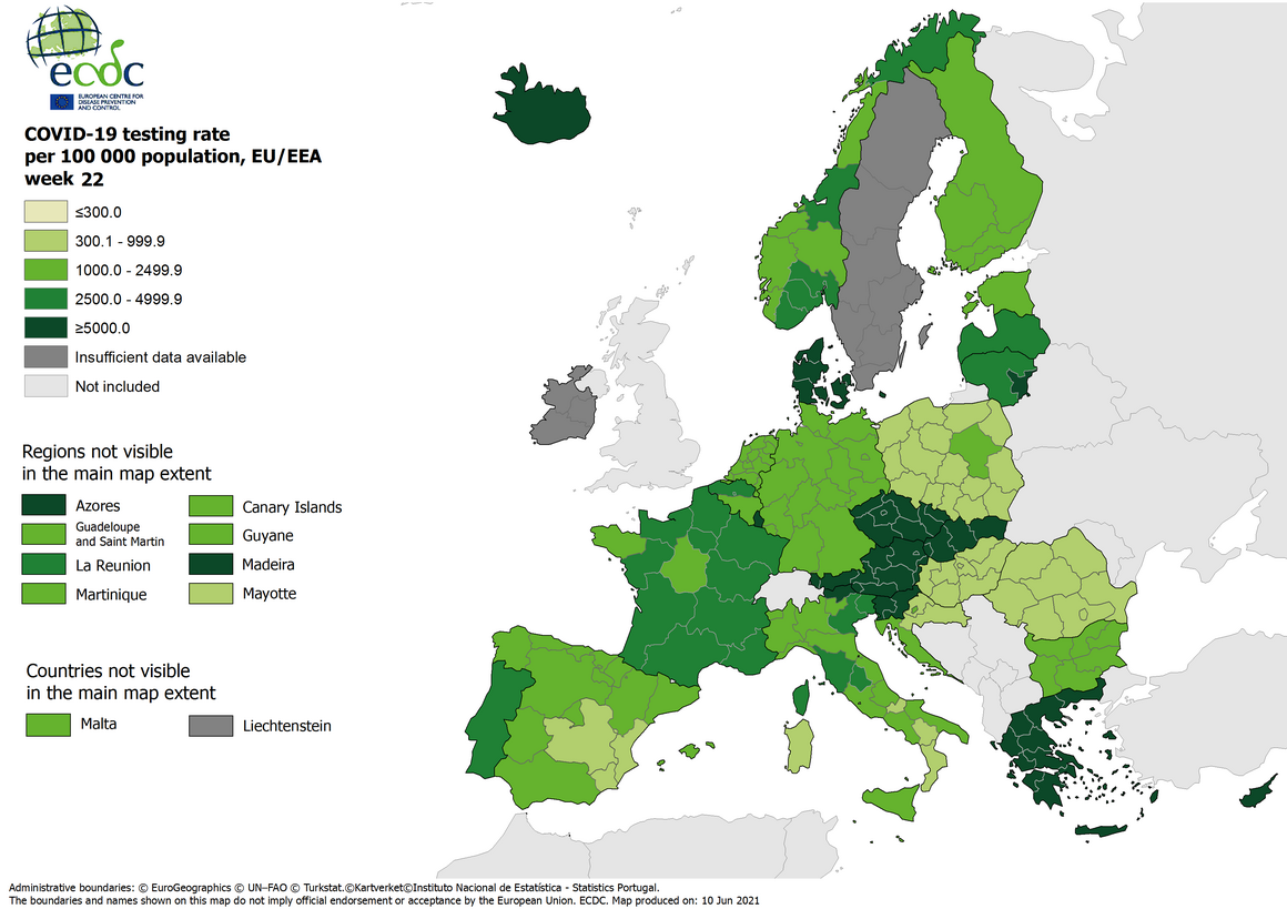 Testing rates per 100 000 inhabitants, updated 10 June 2021