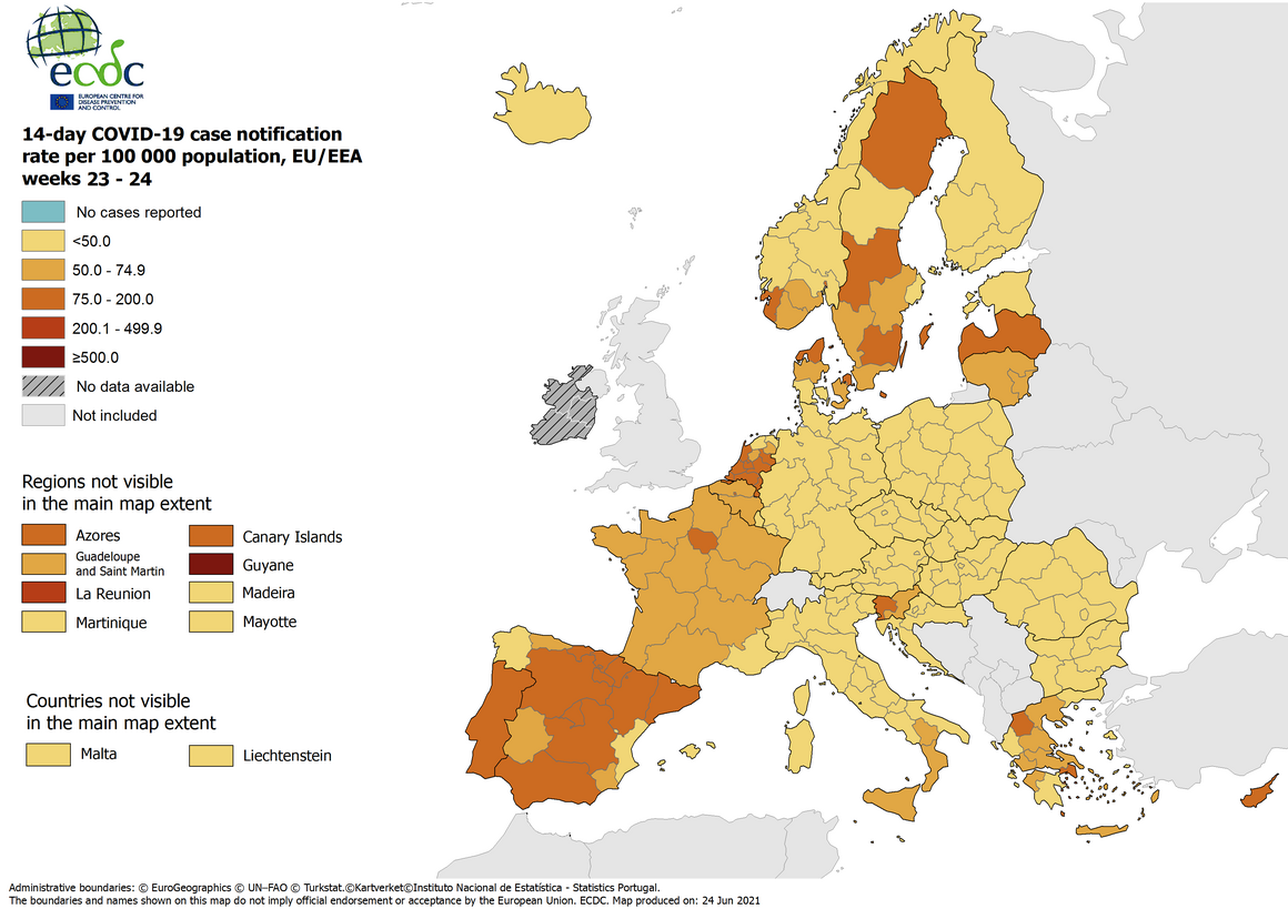14-day case notification rate per 100 000 inhabitants, updated 24 June 2021