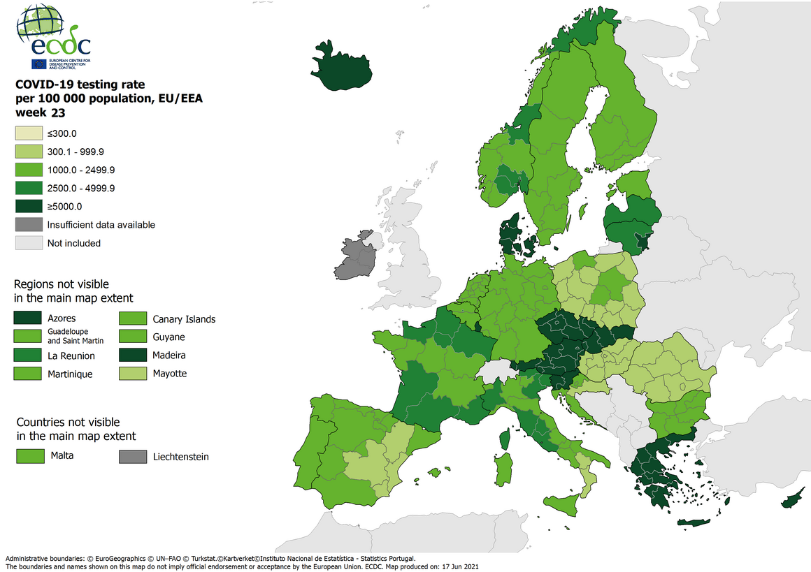 Testing rates per 100 000 inhabitants, updated 17 June 2021