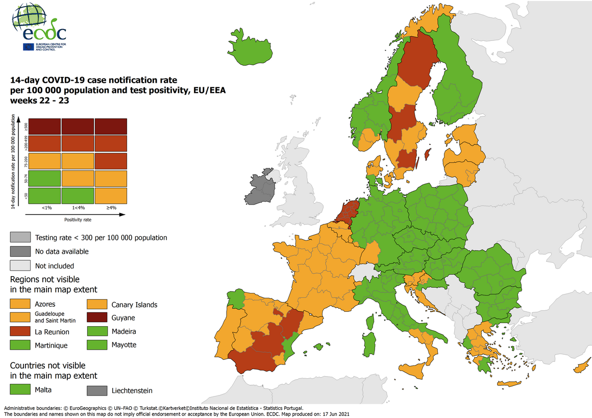 Combined indicator: 14-day notification rate, testing rate and test positivity, updated 17 June 2021