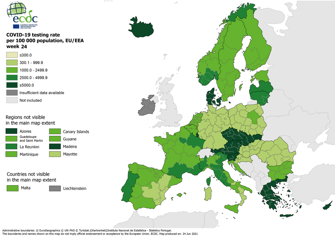 Testing rates per 100 000 inhabitants, updated 24 June 2021