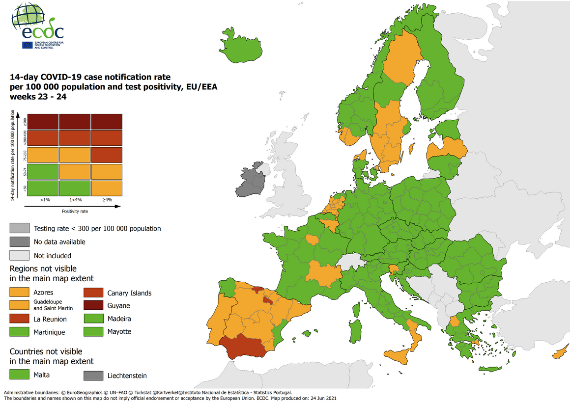 Combined indicator: 14-day notification rate, testing rate and test positivity, updated 24 June 2021