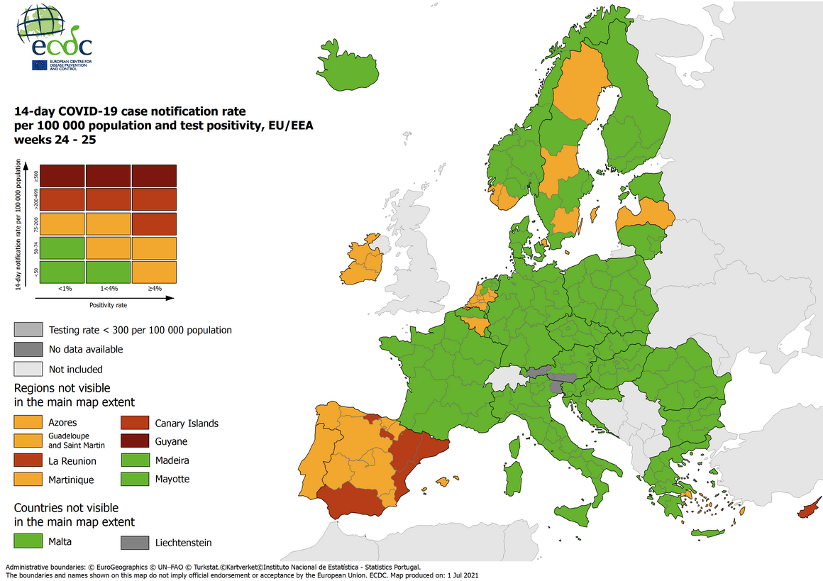 Combined indicator: 14-day notification rate, testing rate and test positivity, updated 1 July 2021