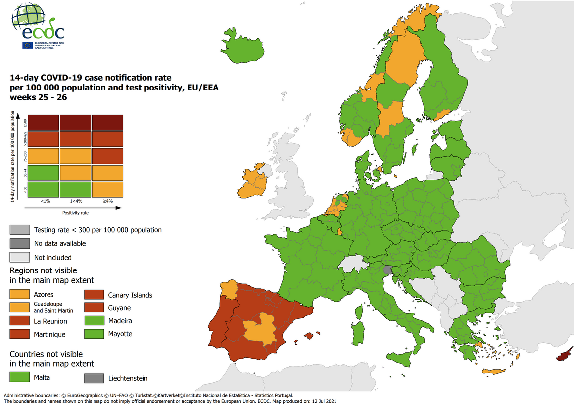 Combined indicator: 14-day notification rate, testing rate and test positivity, updated 8 July 2021