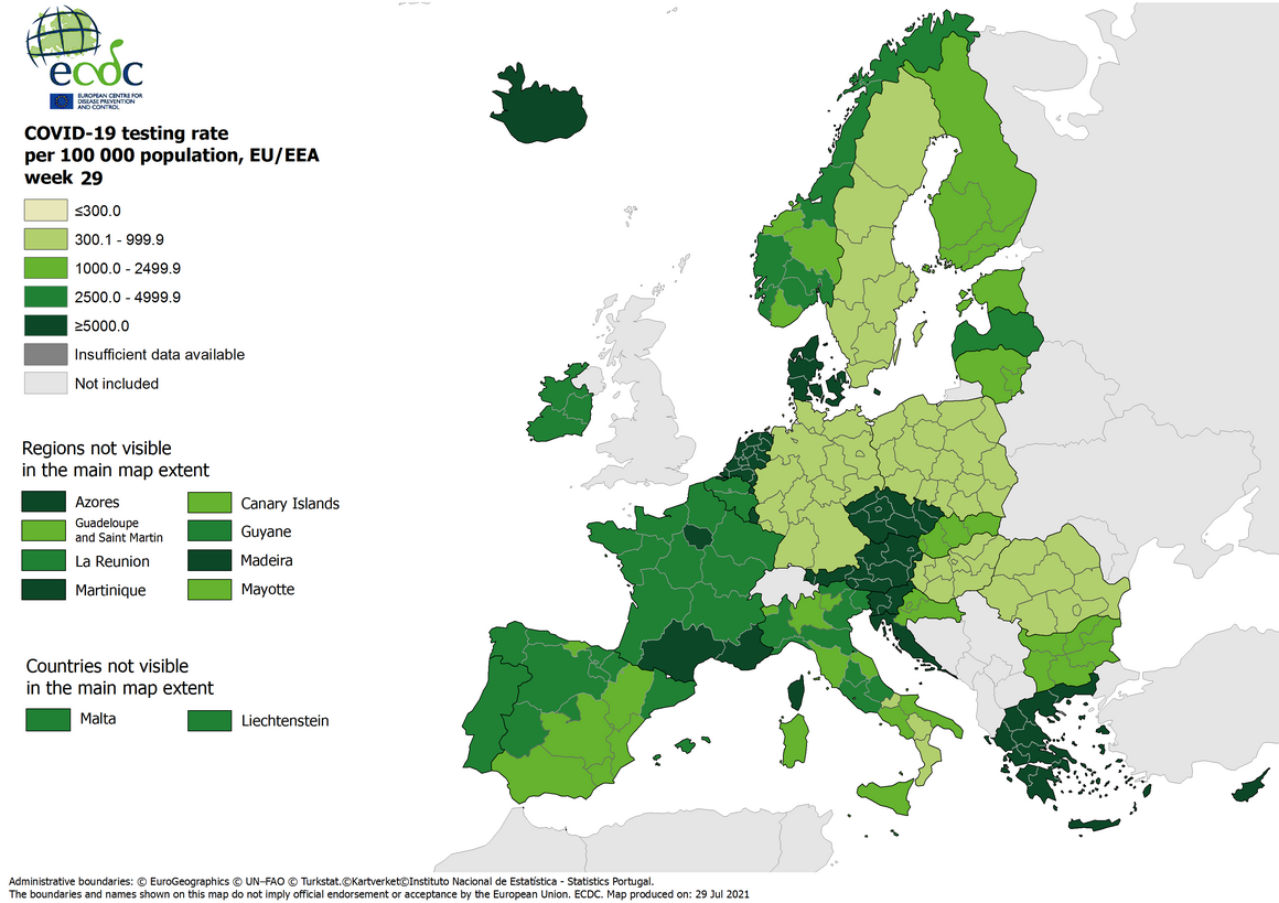 Testing rates per 100 000 inhabitants, updated 29 July 2021