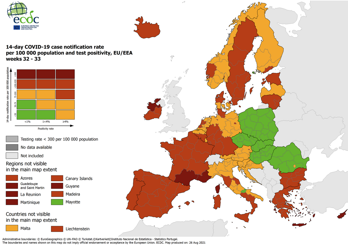 Combined indicator: 14-day notification rate, testing rate and test positivity, updated 26 August 2021