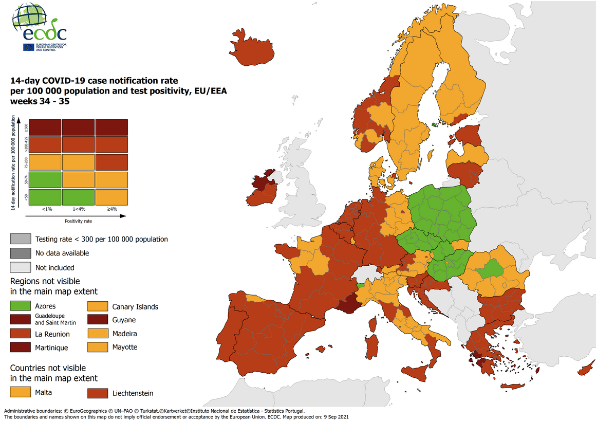 Combined indicator: 14-day notification rate, testing rate and test positivity, updated 9 September 2021