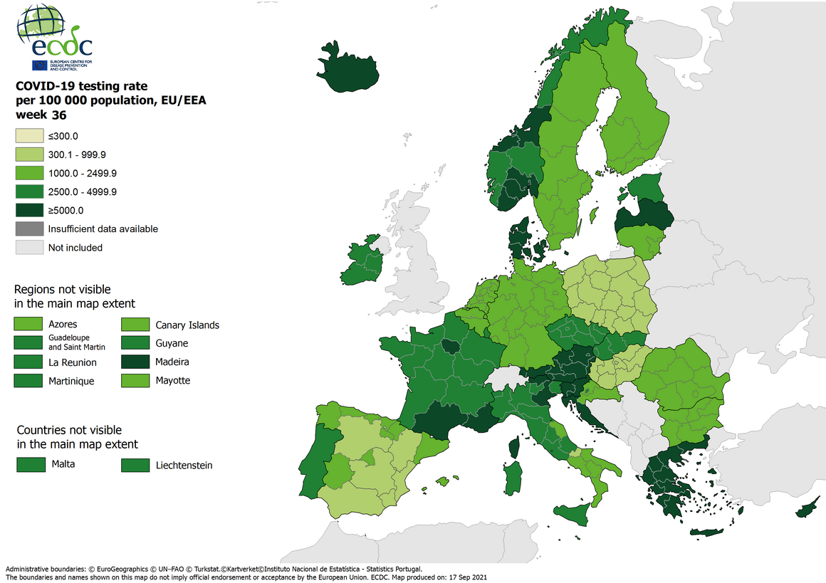 Testing rates per 100 000 inhabitants, updated 16 September 2021