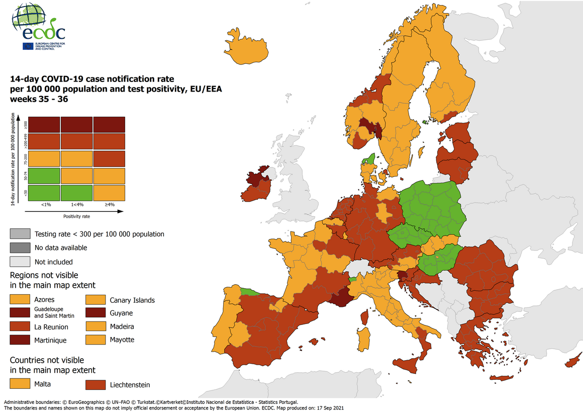 Combined indicator: 14-day notification rate, testing rate and test positivity, updated 16 September 2021