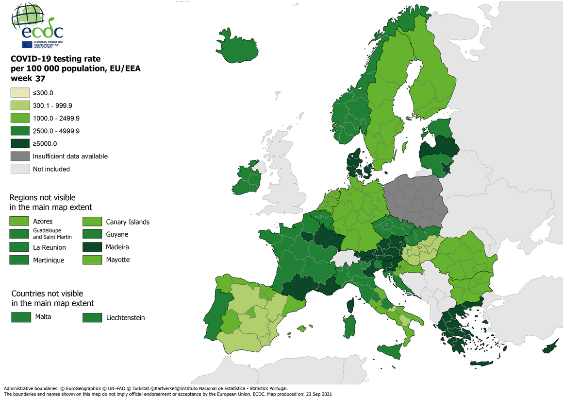 Testing rates per 100 000 inhabitants, updated 23 September 2021