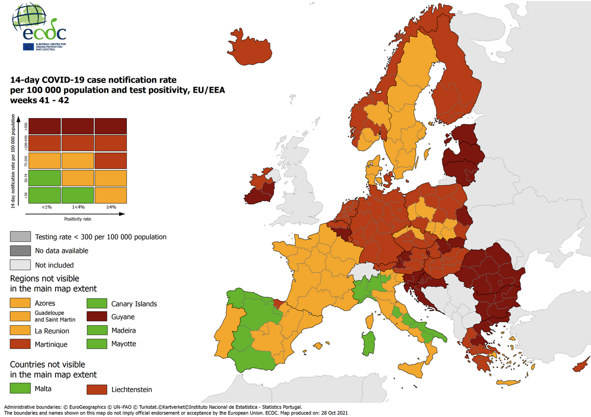 Combined indicator: 14-day notification rate, testing rate and test positivity, updated 28 October 2021