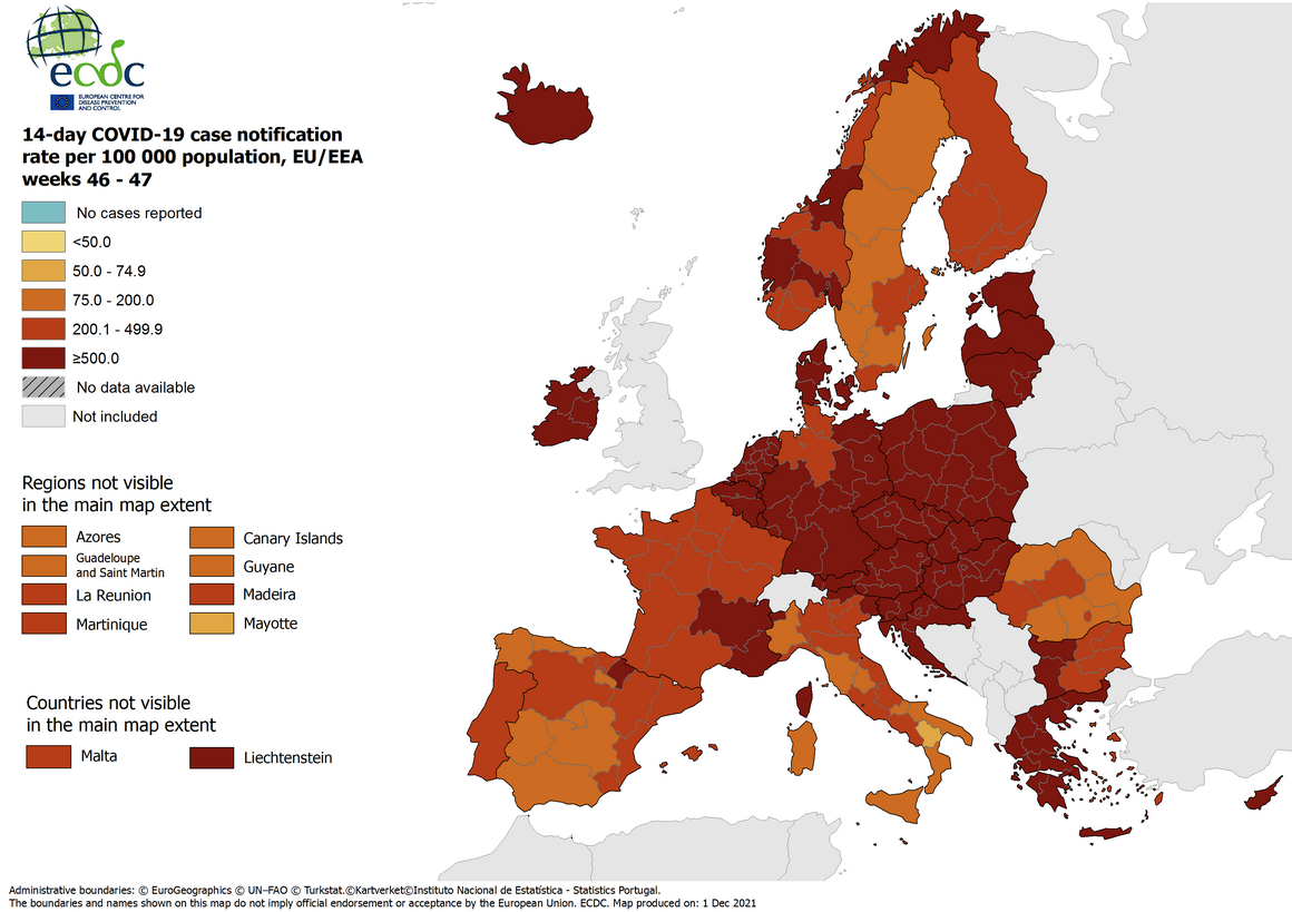 14-day case notification rate per 100 000 inhabitants, updated 2 December 2021