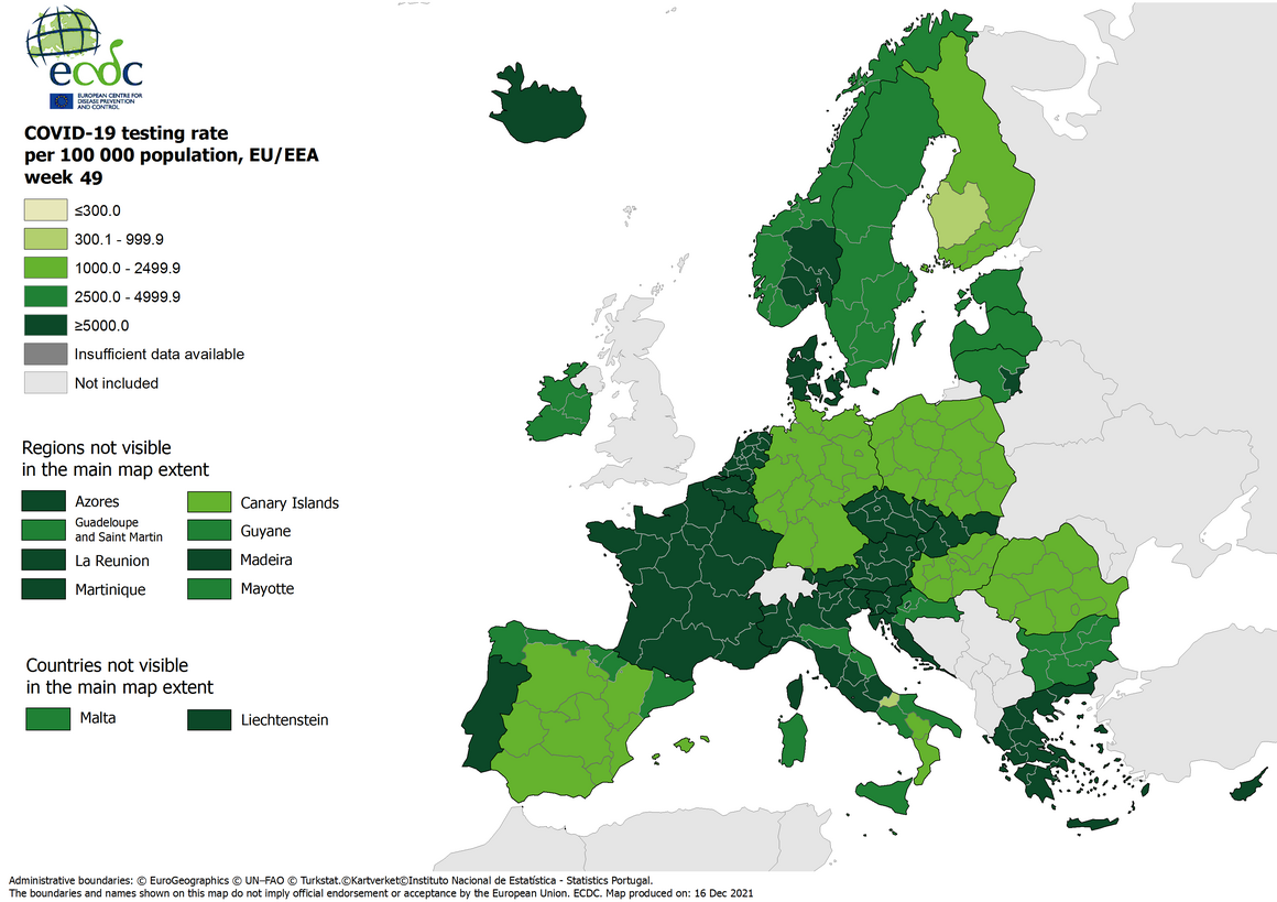 Testing rates per 100 000 inhabitants, updated 16 December 2021