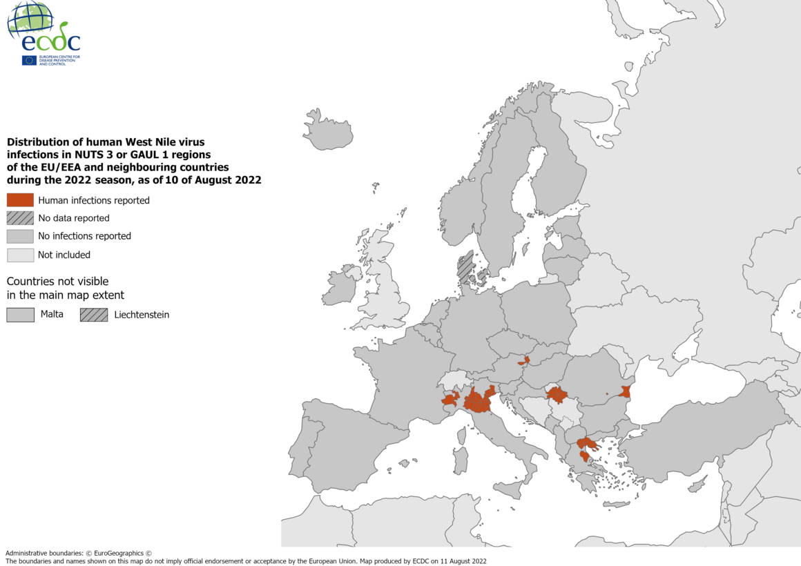 West Nile virus in Europe in 2022 - human cases, updated 10 August 2022