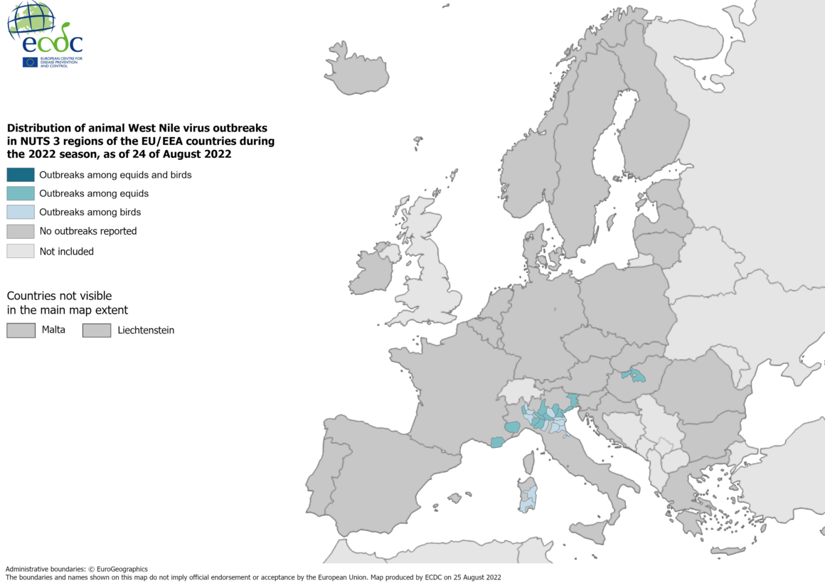 West Nile virus in Europe in 2022 - outbreaks among equids and/or birds, updated 24 August 2022
