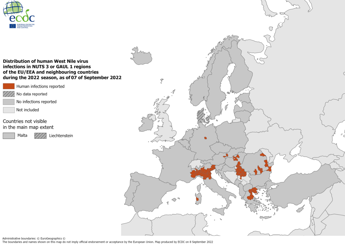 West Nile virus in Europe in 2022 - human cases, updated 7 September 2022