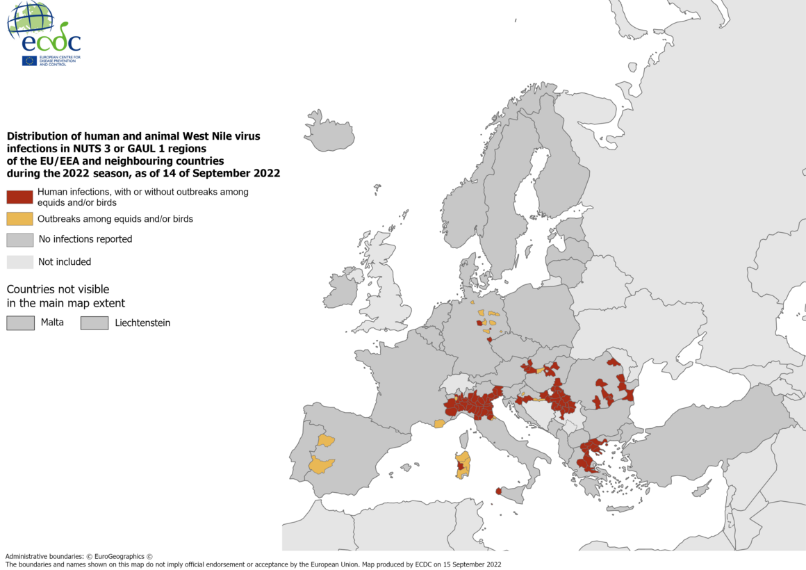 West Nile virus in Europe in 2022 - infections among humans and outbreaks among equids and/or birds, updated 16 September 2022