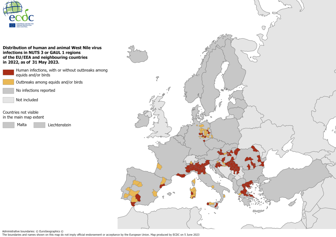 West Nile virus infections among humans and outbreaks among equids and/or birds, 2022