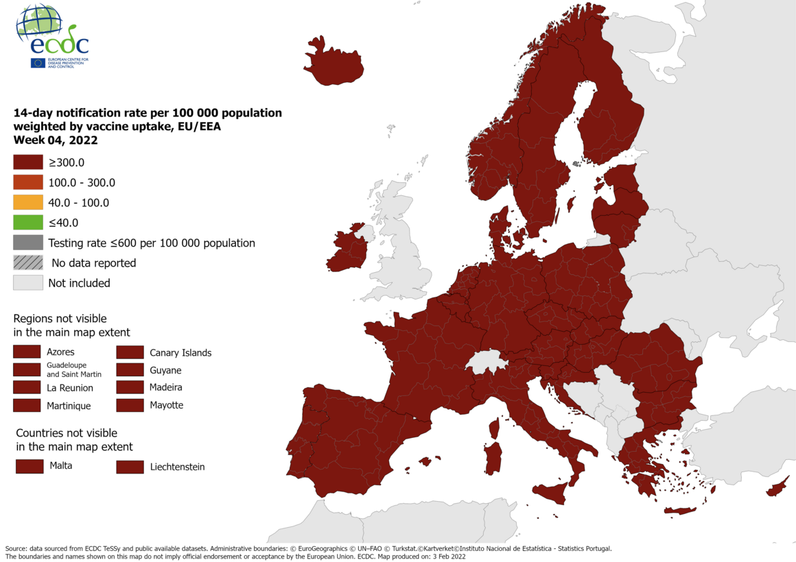 14-day notification rate weighted by vaccine uptake, updated 3 February 2022