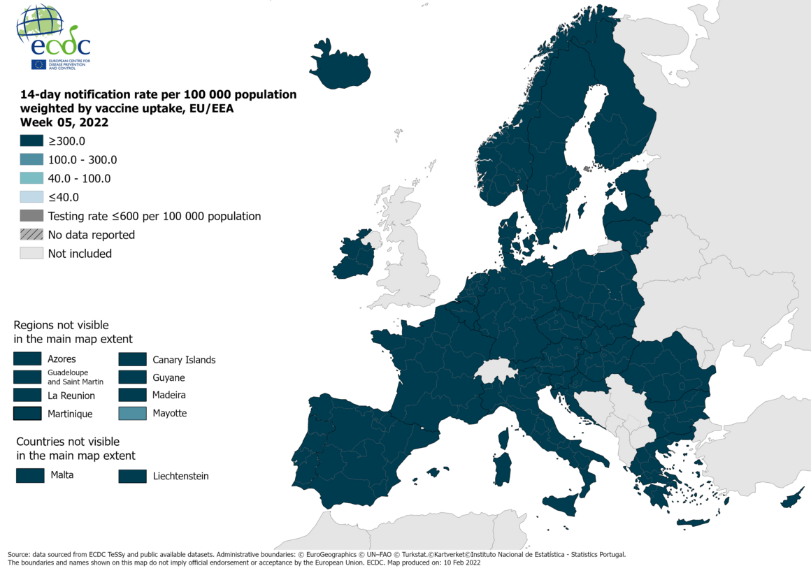 14-day notification rate weighted by vaccine uptake, updated 10 February 2022 (colour-blind friendly)