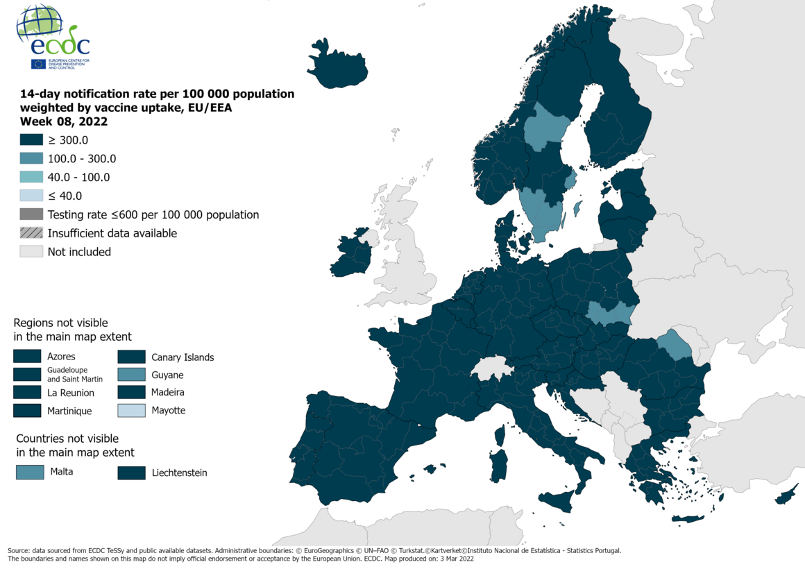 14-day notification rate weighted by vaccine uptake, updated 3 March 2022 (colour-blind friendly)