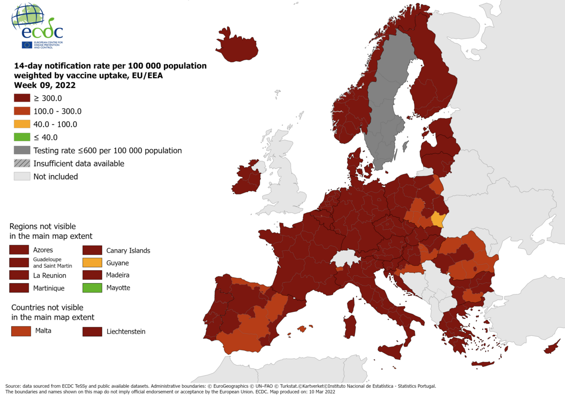 14-day notification rate weighted by vaccine uptake, updated 10 March 2022