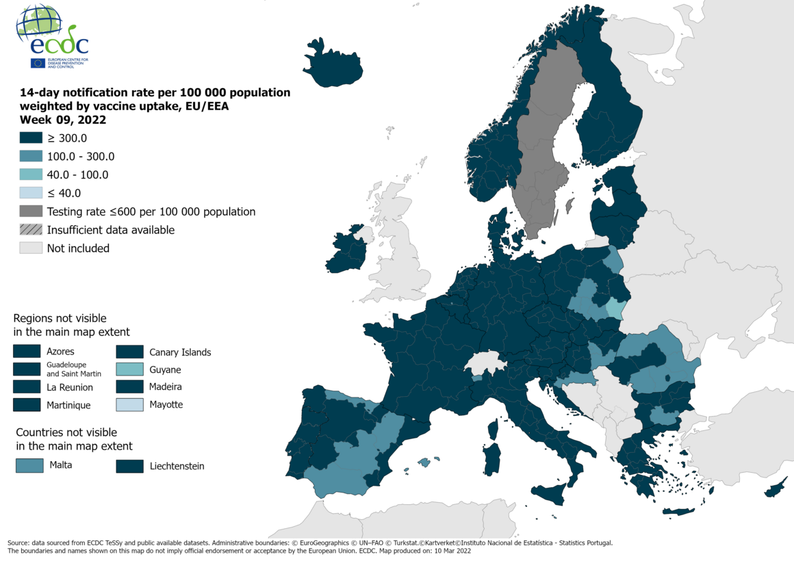 14-day notification rate weighted by vaccine uptake, updated 10 March 2022 (colour-blind friendly)