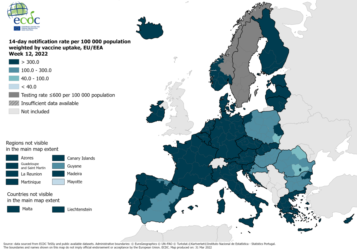 14-day notification rate weighted by vaccine uptake, updated 31 March 2022 (colour-blind friendly)