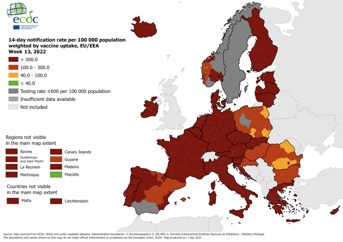 14-day notification rate weighted by vaccine uptake, updated 7 April 2022